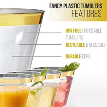 60X Plastic Cup 9 Oz Hard Disposable Cup Plastic Wine Glass Party Wedding Wine Glass Transparent Plastic Cup -Gold Rim