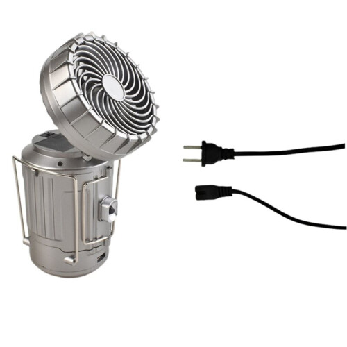 2-in-1 Solar Camping Lantern with LED Light and Adjustable Fan, USB Charging Station Silver US Plug