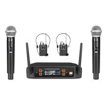 Drahtloses Mikrofon + Headset, Handmikrofonsystem mit 4 Kanälen, UHF-Festfrequenz, Dynamisch, für Karaoke, Bands, Kirchen (EU)