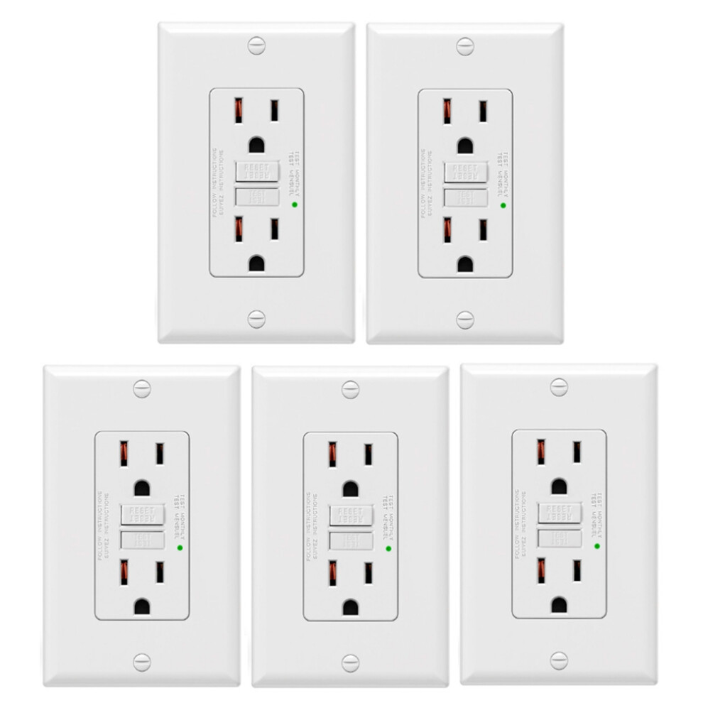 5Pack Gfci Outlets 15 Amp,Non-Tamper Resistant,Decor Gfi Receptacles With Led Indicator,Ground Fault Circuit Interrupter 6033720372717