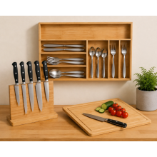 Ensemble de rangement de cuisine en bambou (3 pièces) – Range-couverts, bloc à couteaux magnétique et planche à découper