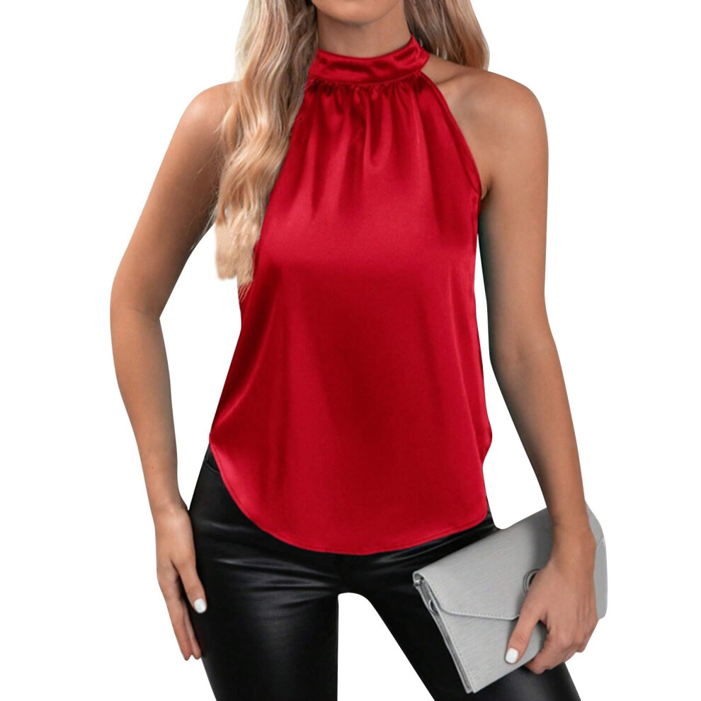 Women's elegant sleeveless satin blouse with tie and-Red M