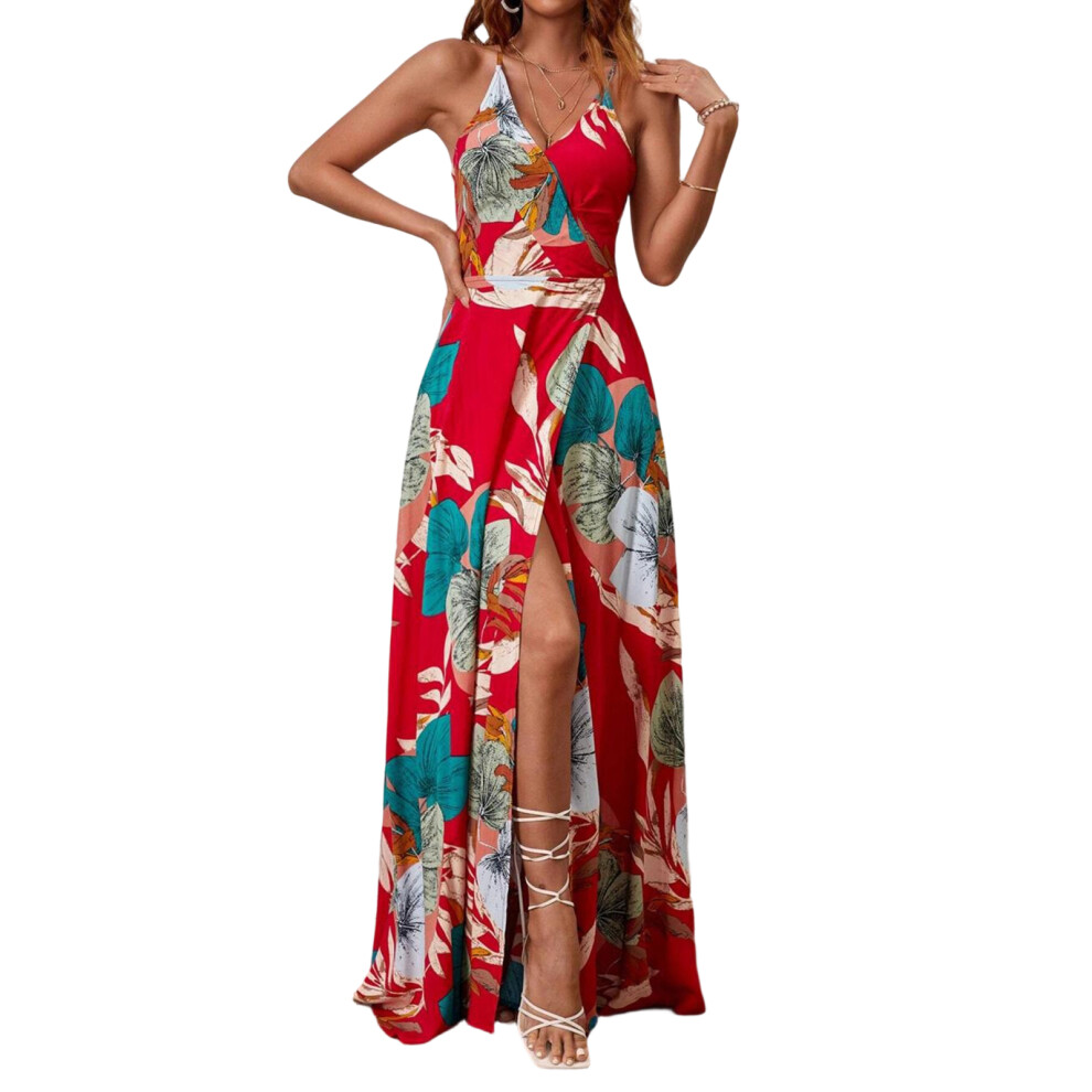 Red Women's Long Dress, Bohemian Chiffon Floral Print V-Neck- Xl