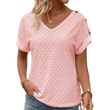 Women V Neck Eyelet Top T Shirts Short Sleeve Tops Loose-Pink L