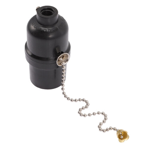 Soquete para lâmpada E27 com corrente, plástico preto, 1 unidade.