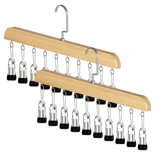 2PCS Closet Organizer with 10 Clips - Space Saving, Multi-Purpose, Durable-Wood Design, Ideal for Small Spaces B