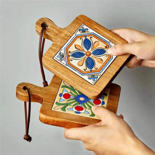 Solid Wood Tile Insulation Pot Mats, Home Retro Placemats, High Temperature Resistant Kitchen Table Mats Coasters B 2