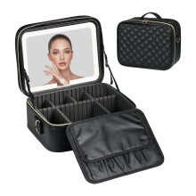 Borsa per il Trucco con Specchio Luminoso A LED, Borsa Organizer da Viaggio Portatile da 10 Pollici con Divisori Regolabili, Nera