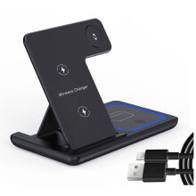 Chargeur Sans Fil 3 en 1 15 W avec Lumière LED et Support de Téléphone, Station de Charge Rapide Pliable, Noir