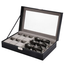 2 in 1 Eyeglass Sunglass Storage Box PU Leather 6 Slot Glasses Storage and 3 Slot Watches Dustproof Storage Organizer