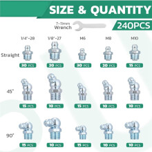 240 St Smörjnipplar i Sortiment, SAE och Metriska Zerk-Smörjnipplar, Raka 45-90 Grader med Nyckelsats (7-11 mm)