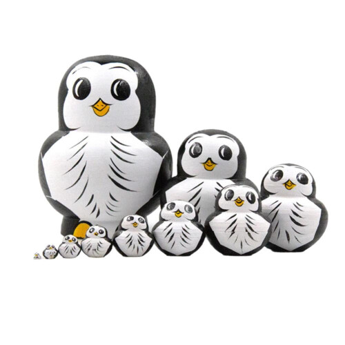 Set van 10 handgemaakte houten stapelbare eendjes