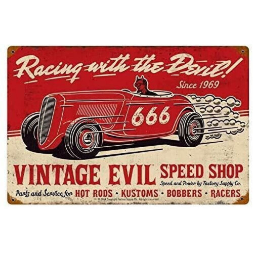 Vintage πινακίδα Racing Devil από κασσίτερο 8x12in