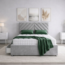 (4ft6" Double, Silver(No Mattress)) Luxury Plush Velvet Double Divan Bed 54" Tiled Lines Headboard 2 Drawers Storage Bed