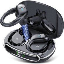 Kabellose Bluetooth 5.3 Stereo-Sportkopfhörer, IPX7 wasserdicht, 80 Stunden Akkulaufzeit, ergonomische Ohrbügel, integriertes Mikrofon, Schw