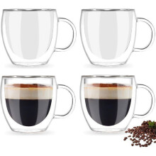 Set van 4 dubbelwandige glazen koffiekopjes, 150 ml, geïsoleerd met handvat, transparante kopjes voor lattes en andere drankjes.