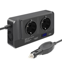 SODIAL 200W 12V220V auton invertteri, parannettu siniaalto, LCD-kello, 2 pistorasiaa + 4 laturia