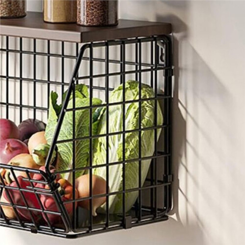 Fruit Baskets Kitchen Counter Hanging Wire Baskets with Wood Lids Countertop Vegetable Fruit Snack Storage Organizer 1