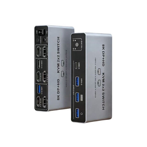 KVM 2x2 Compatível com DP+ 8K, com Duas Entradas e Duas Saídas, para Compartilhamento de Monitor, Teclado e Mouse em Laptops/PCs, com 1