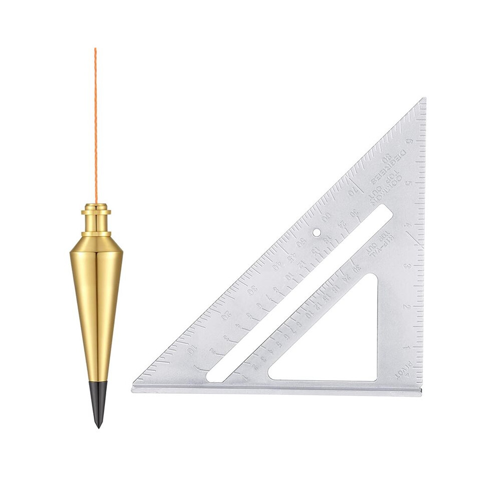 8 Ounce Plumb Bob And 7 Inch Rafter Square Combo, Aluminum Alloy Carpentry Tool, Angle Finder, Protractor 6031386958566