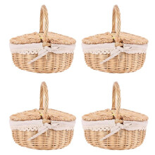 4X Panier en Osier Fait à la Main avec Poignée Panier de Pique-Nique de Camping en Osier avec Double Couvercles Panier de Rangement avec Doublure en