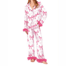 Pajamas for Women Set Silk Satin Feather Bow Heart-Suit 6 XXL