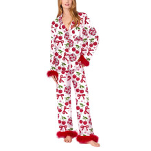 Pajamas for Women Set Silk Satin Feather Bow Heart-Suit 8 XL