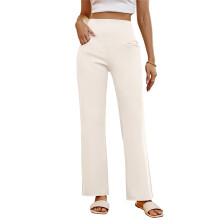 Wide Leg Pants Yoga Pants with Pockets Stretch Loose-Beige M