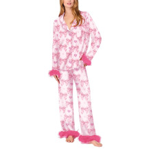 Pajamas for Women Set Silk Satin Feather Bow Heart-Suit 4 L