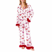 Pajamas for Women Set Silk Satin Feather Bow Heart-Suit 2 XXL