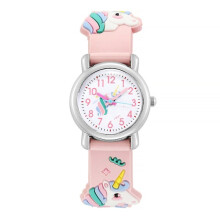 Roze kinderhorloge met eenhoorn-cartoon en quartz uurwerk.