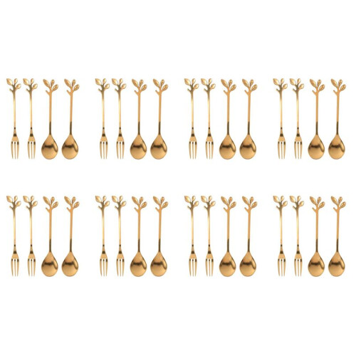 Tableware Gold Leaf Coffee Spoon Fork,32 Pack(16 Spoons 16 Forks) Little Demitasse Espresso Spoon,4.7 Inches