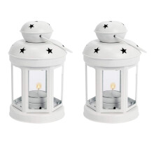 2X Vintage Metal Hanging Candle Lanterns ,Tealight Holder,Candlestick for Wedding,Home,Birthday Parties Gift -White