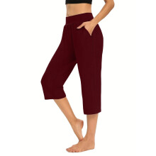 Pants for Women Stretch Cropped Casual Capris Work-Burgundy L