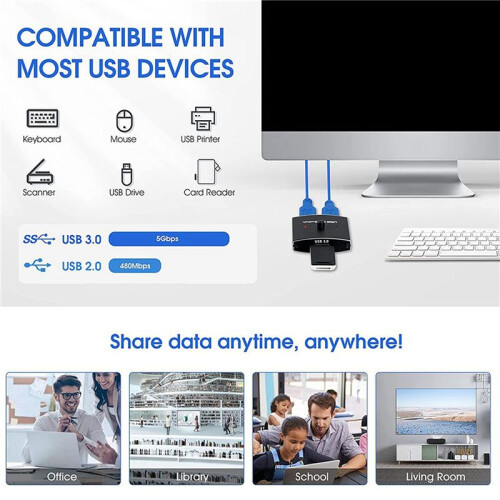 2X USB 3.0  Selector KVM  5Gbps 2 in 1 Out USB  Two-Way Sharer for Printer Keyboard Mouse Sharing 2