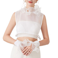 Sheer Ruffled Faux Collar With Elastic Cuffs Sleeves- White