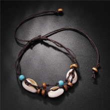 4X Boho Natural Sea Shell Stone Anklets for Women Wood Bead Seashell Ankle Bracelet Leg Foot Chain Wax Rope Anklet