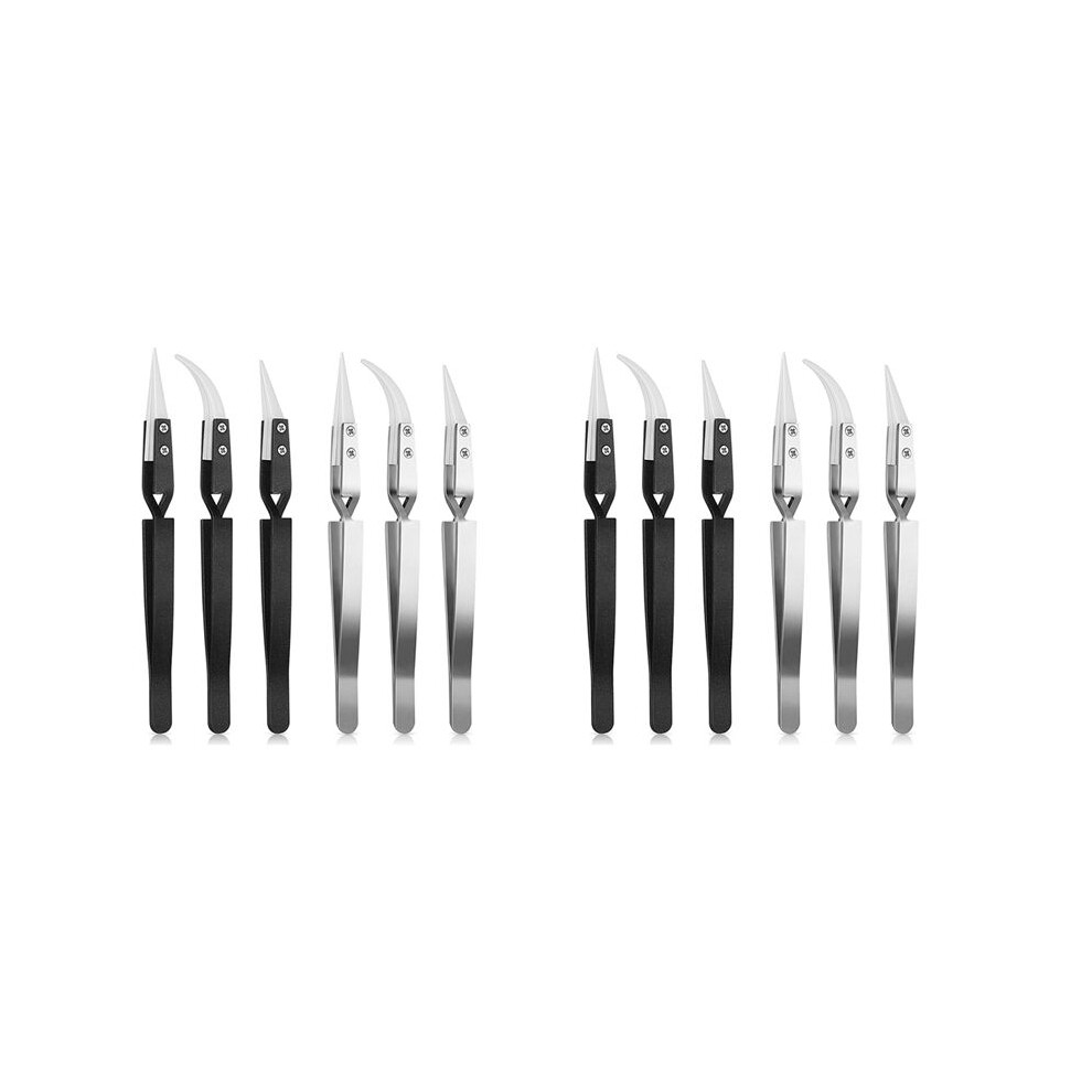 12Pcs Precision Reverse Ceramic Tweezers Pointed Curved Tips Tweezer Set Non Conductive,Anti Magnetic Soldering Tweezers