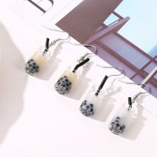4PCS Funny Lemon Ice Black Tea Pearl Milk Tea Earrings Boba Bubble Tea Funny Dangle Earrings, Dark Brown &