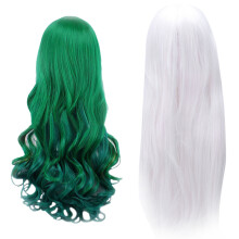 2Pcs Lady Wig Dark Green Long Curly Wig Long Hair Wig for Women - 1Pcs Dark Green 68Cm & 1Pcs White 80Cm