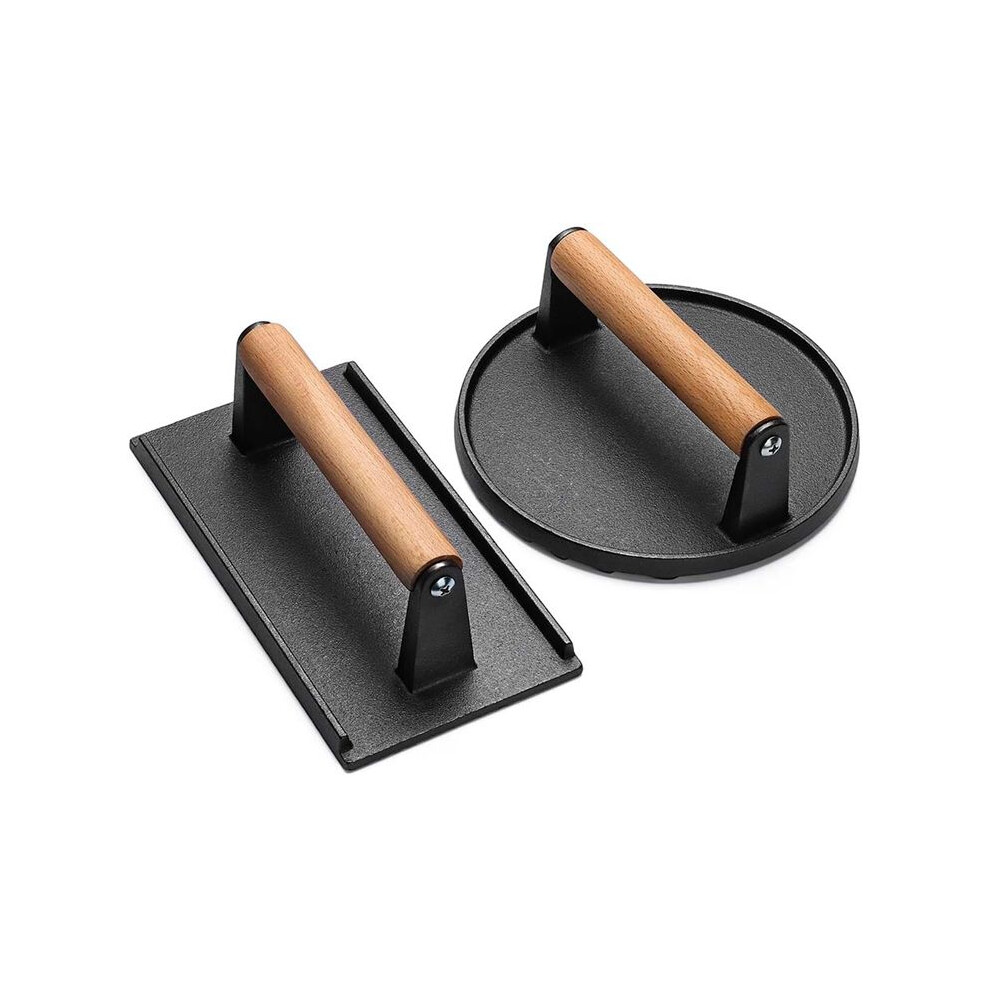 Semoic 2Pcs Burgers Press Rectangle Heavy-Duty Cast Iron Smash Bacon Press Meat Steak With Wood Handle For Griddle, Sandwich
