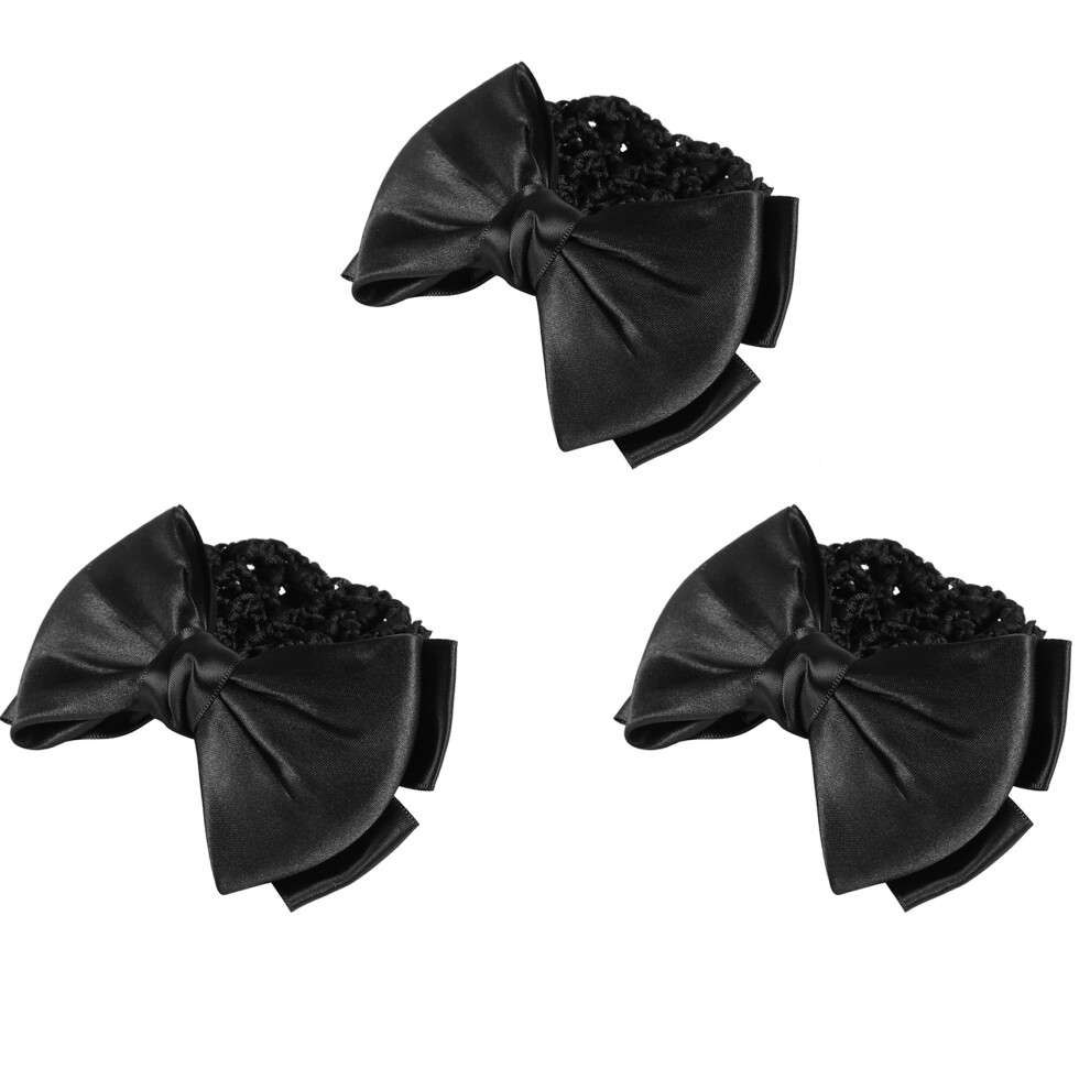 3X Black Bowknot Decor Snood Net Barrette Hair Clip Bun Cover