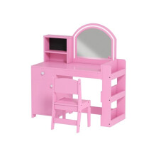 Kids Vanity Table and Chair Set, Girls Dressing Table with 2-Colour LED Mirror, Stool, Cabinet, Drawer, Shelves, Pink
