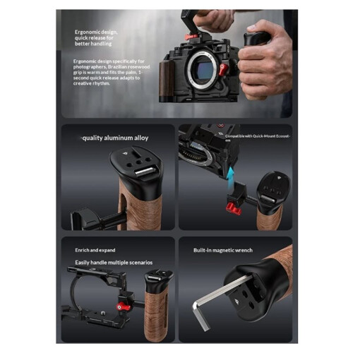 Universal Quick Release Side Handle Grip Wooden Handle with 1/4"Thread Holes Cold Shoe for DSLR Camera Camera Cage B 2