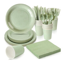 Sage Solid Birthday Part Y Supplies Kit för 16 Gäster - Innehåller Tallrikar, Koppar, Bestick, Servetter