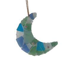 Blauwgroen gekleurde zeeglas maanhanger voor-Blauw