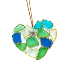 Heart Shape Sea Glass Hanging Ornament Colored Sea Glass-Blue