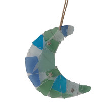 Moon Shape Sea Glass Hanging Ornament Colored Sea Glass-Blue