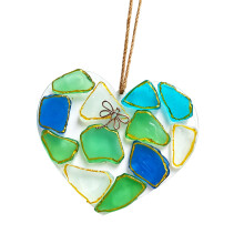 Pendentif coeur en verre de mer coloré avec corde de-Bleu
