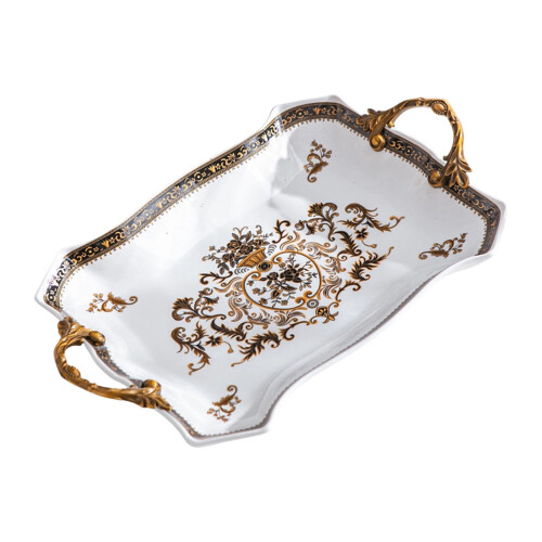 Elegant Ceramic Fruit Bowl With Bronze Alloy Handle-victori0